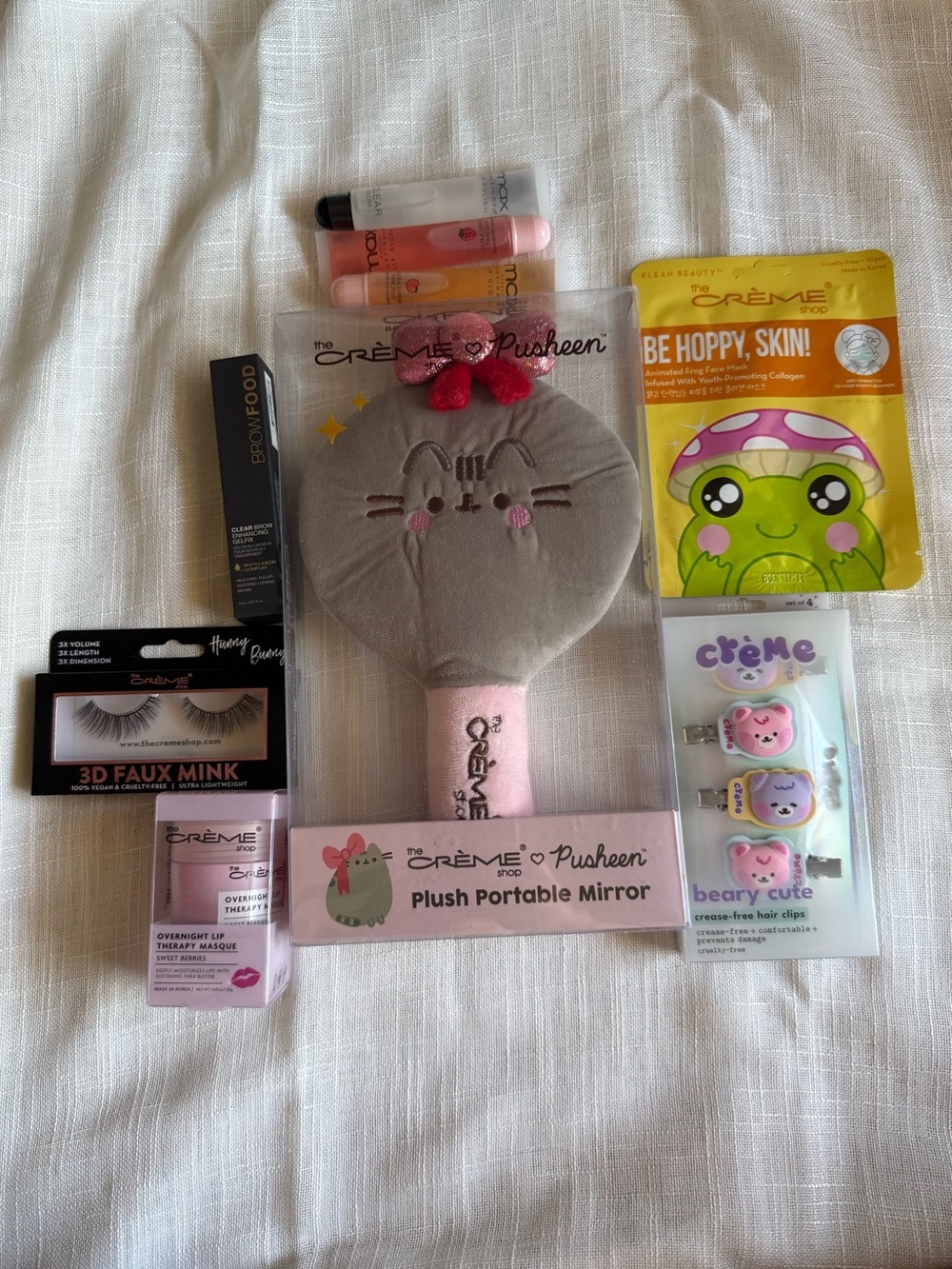 The Crème Shop Bundle Pusheen Plush Mirror hair clips lip gloss treatment mask
